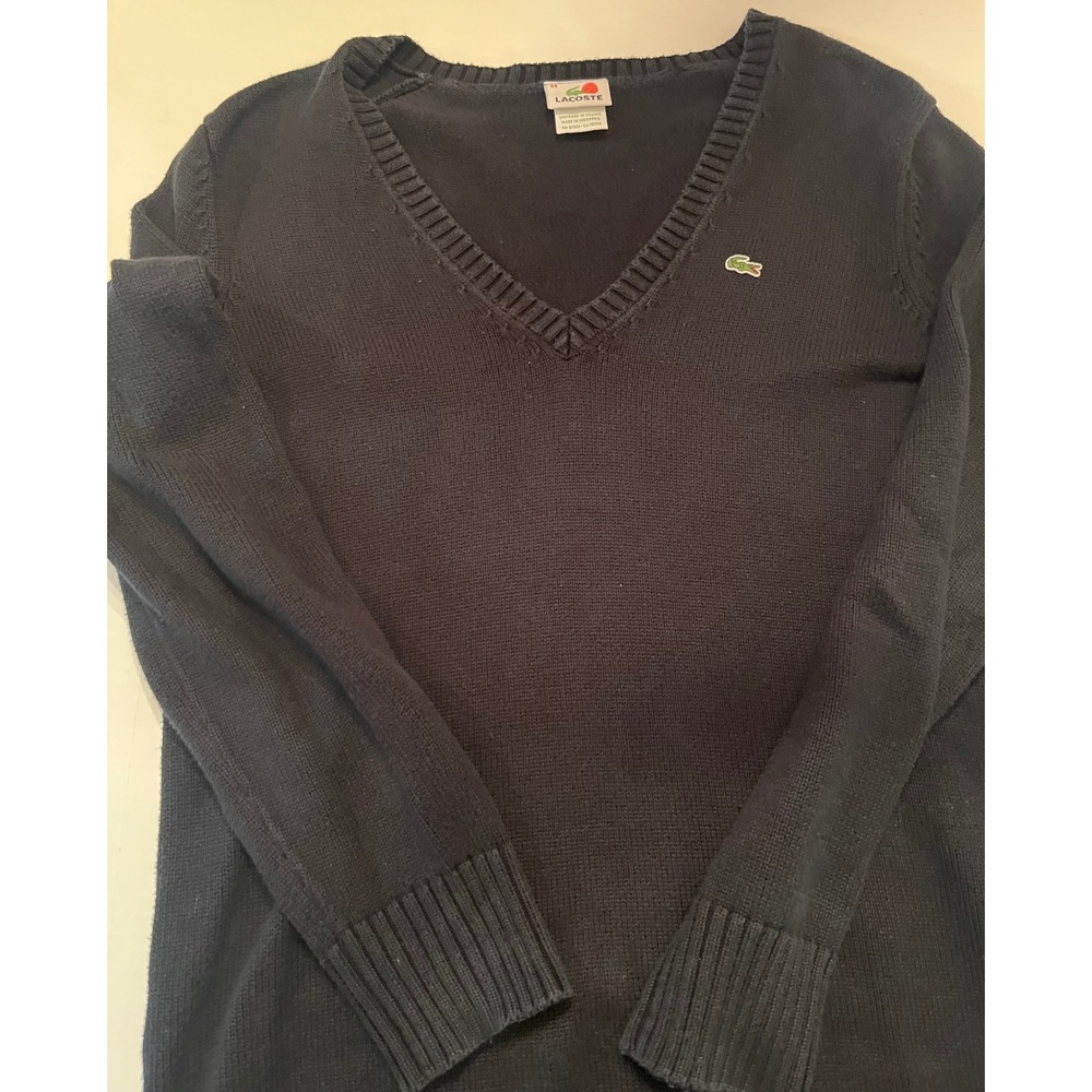 Lacoste Woman's V Neck Long Sleeve Pullover Sweater Navy Size 44‎ Large Preppy